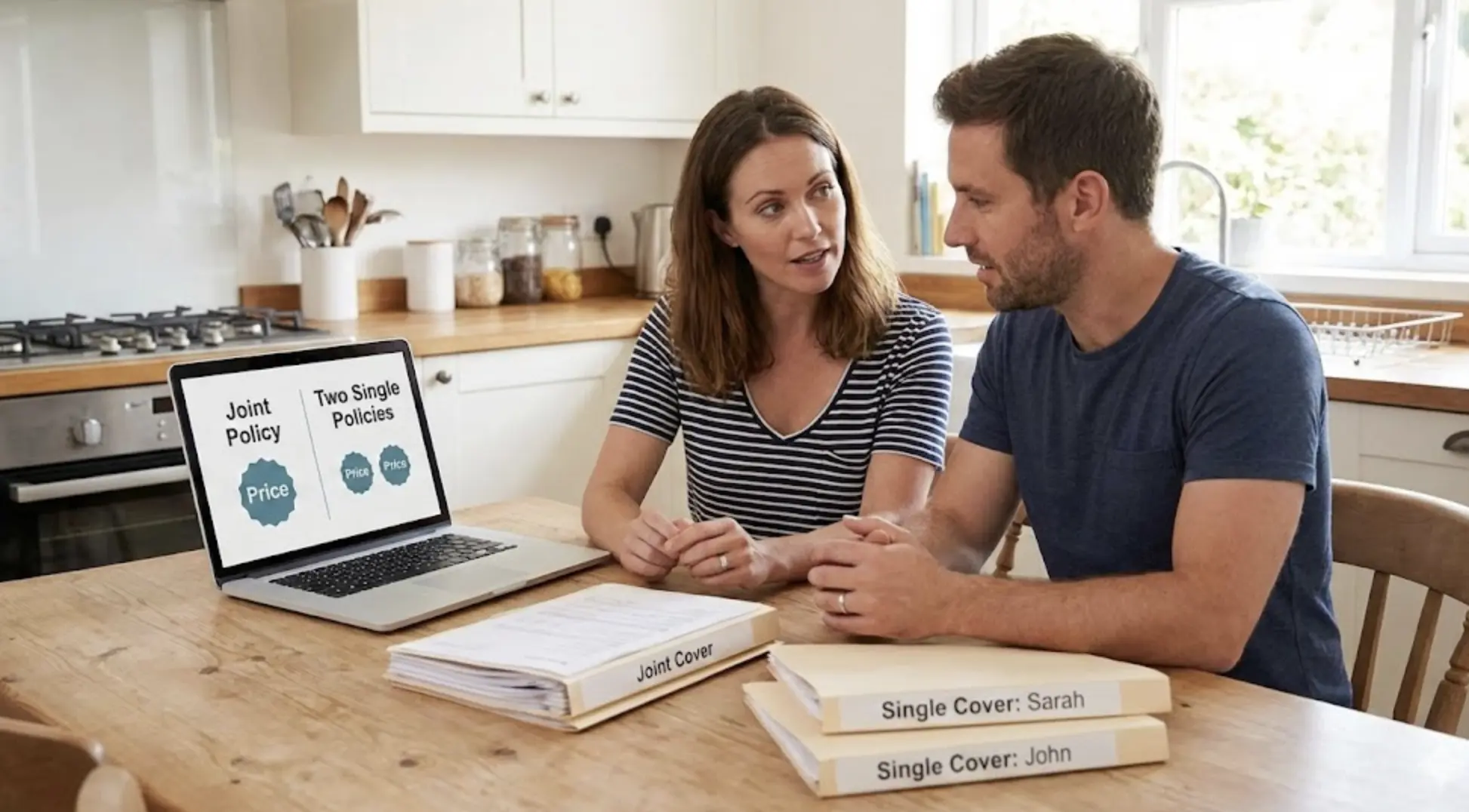 Couple comparing joint life insurance policy versus two single life insurance policies on laptop with policy documents