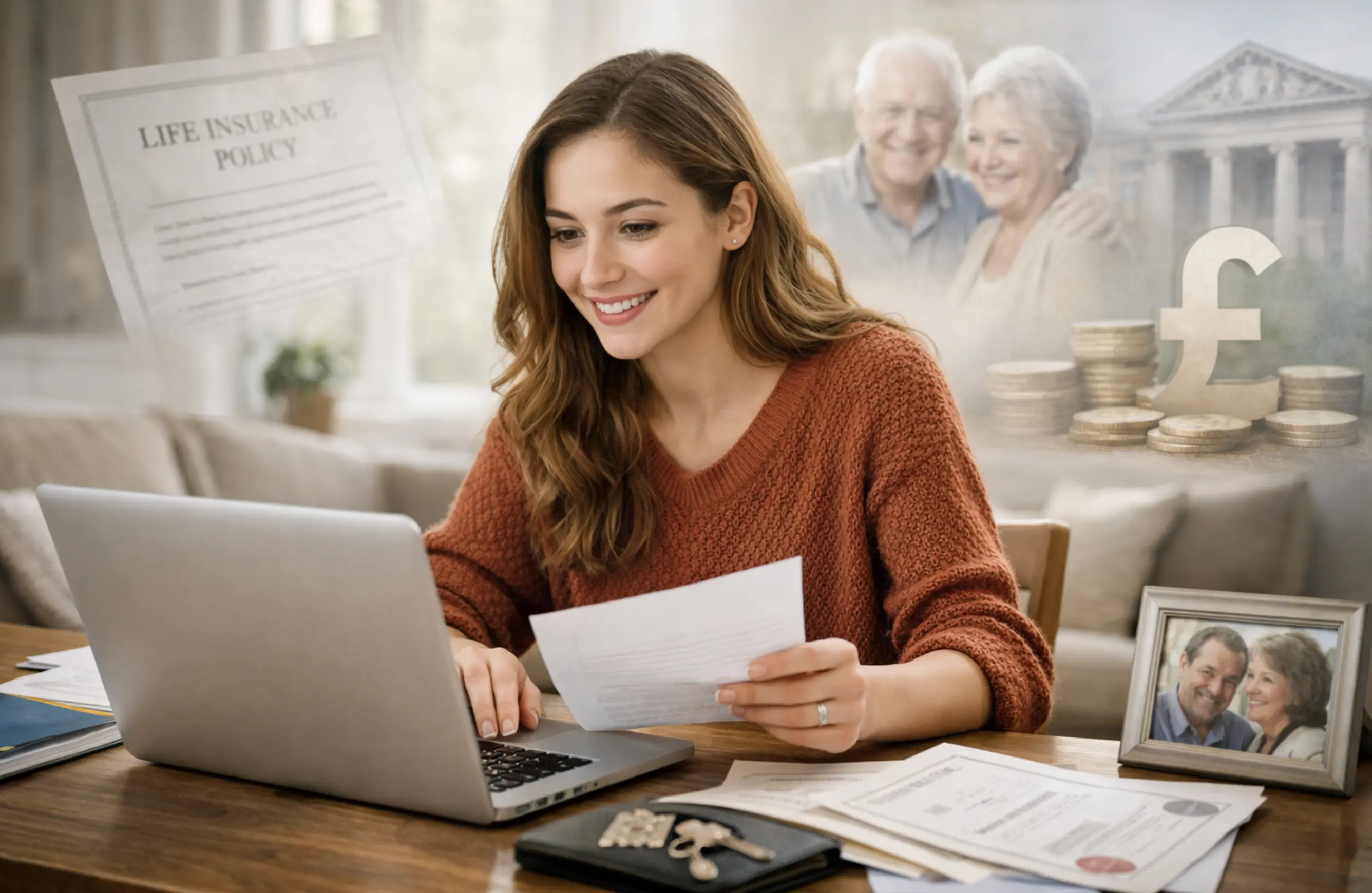 Woman researching unclaimed life insurance policies on laptop with policy documents, family photos, and pound symbols representing potential payouts