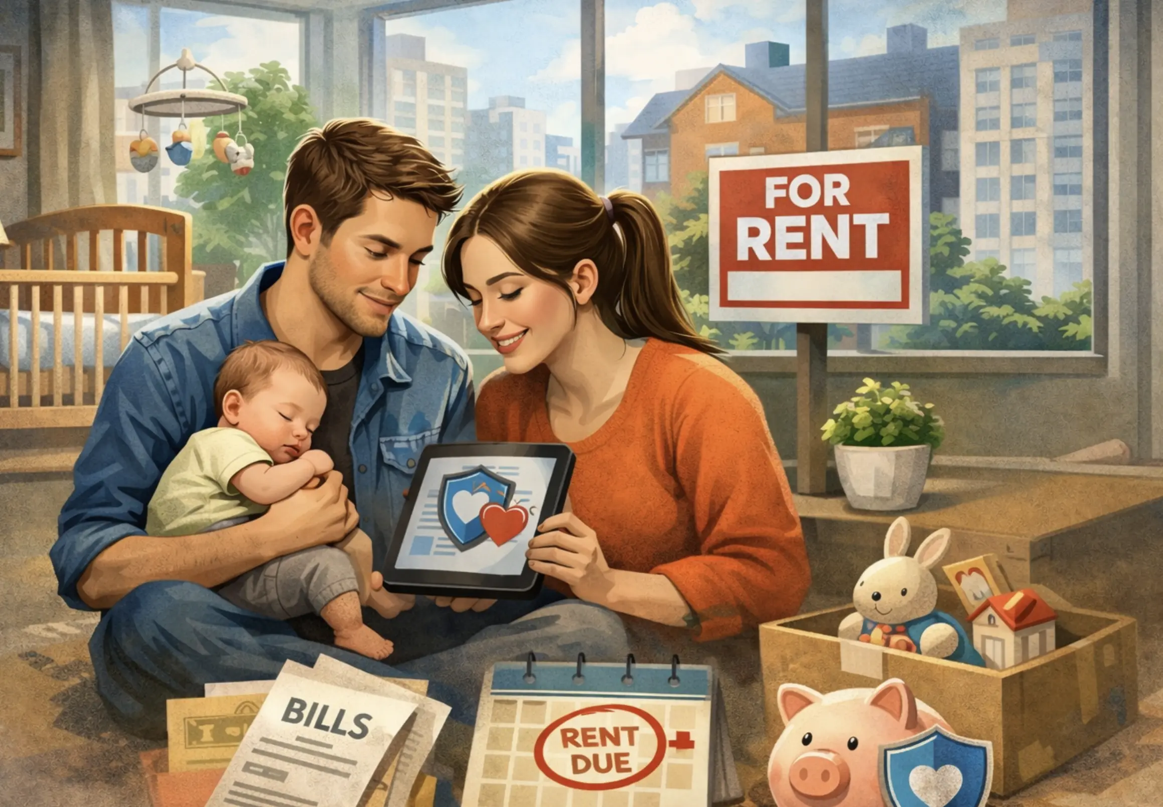 Young parents with baby researching life insurance in their rented home