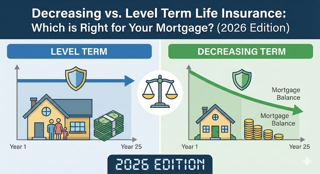 Infographic comparing decreasing and level term life insurance for mortgages